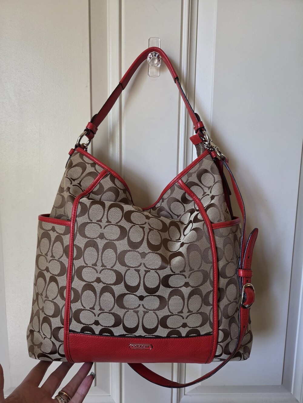Coach Khaki Signature Canvas Hobo with Red Leather Trim "RARE" #D1405-F30341 ❤️